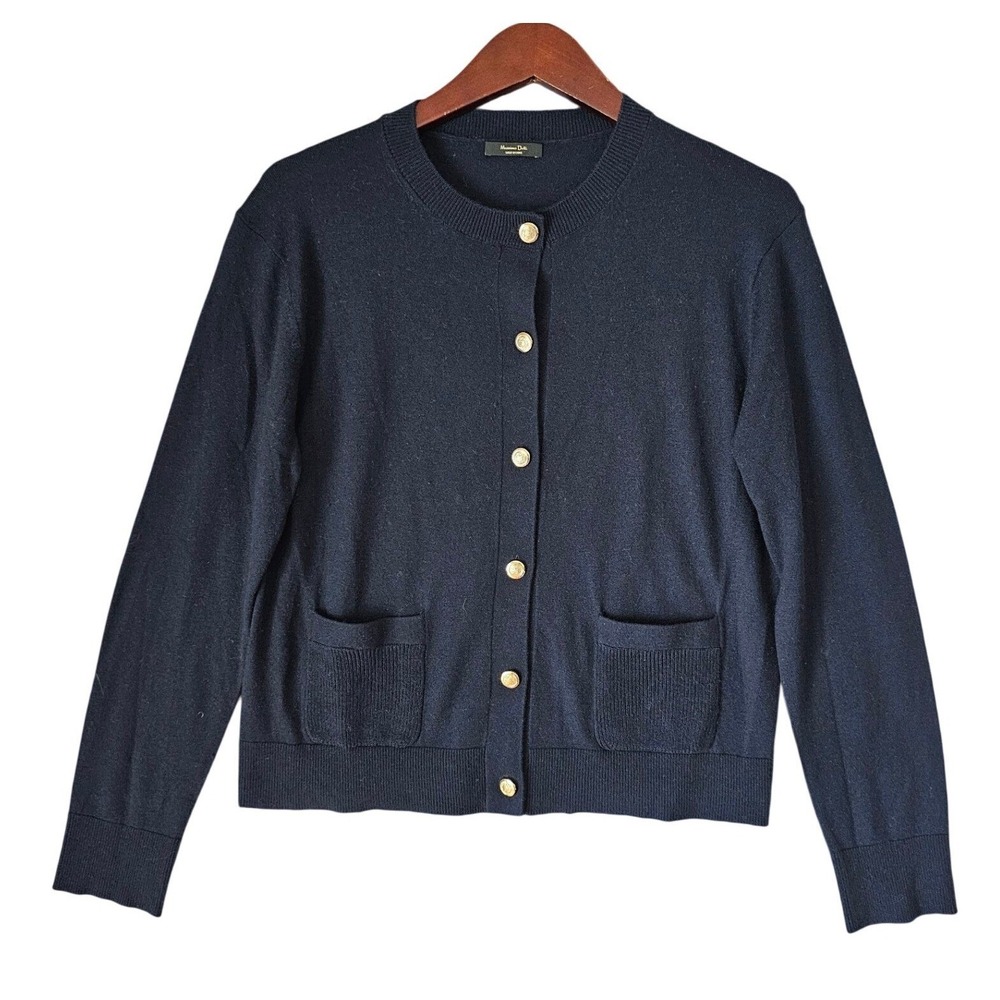 Massimo Dutti Navy Blue Cardigan Sweater Gold Crest Buttons Crew Neck Women's M
